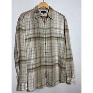 Banana Republic Linen‎ Button Up Shirt Men's Large Plaid Brown